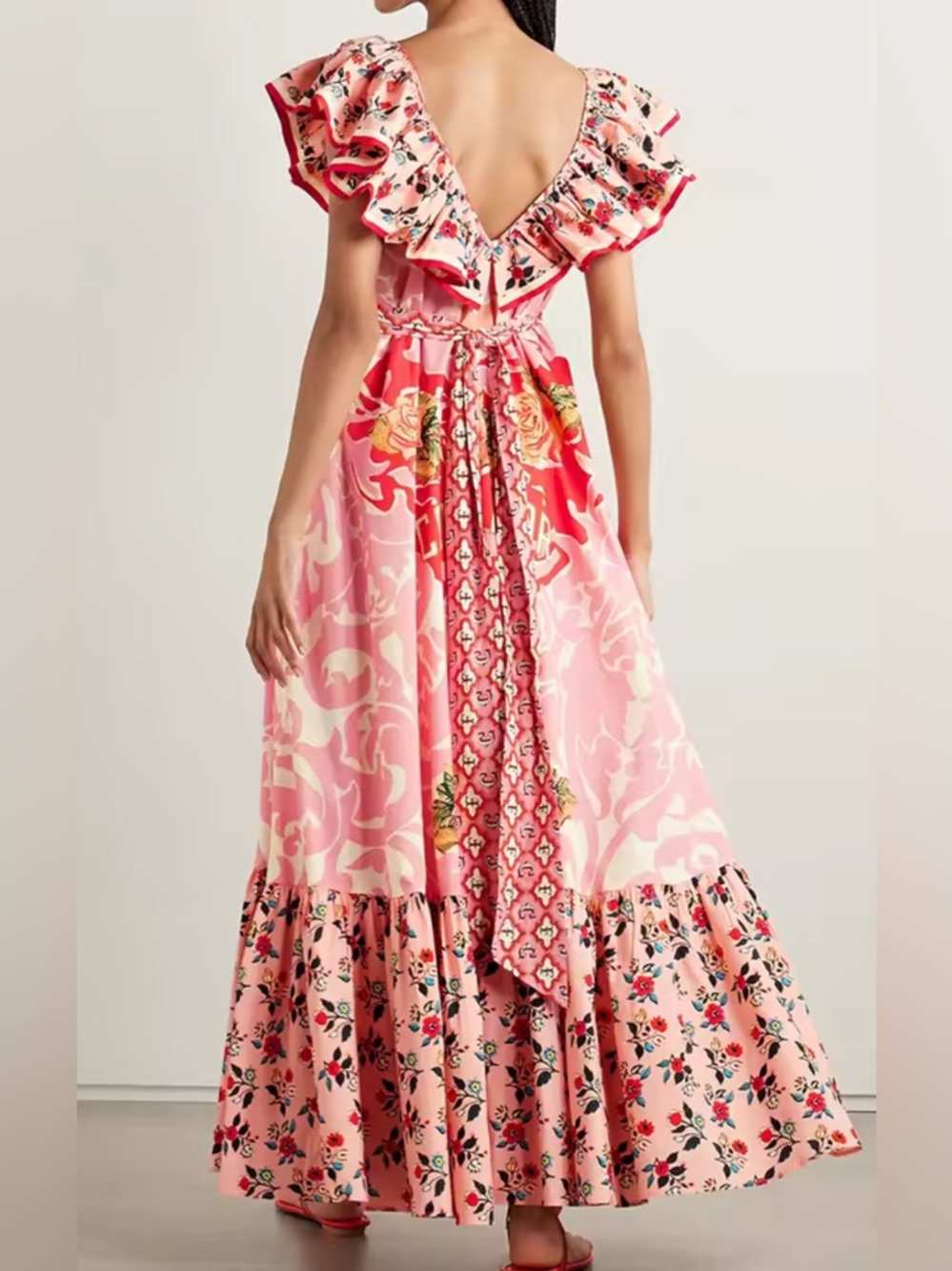 NEW $285 Rio Brasilla Pink Floral Ruffle V-Neck Maxi Dress - Picture 2 of 5